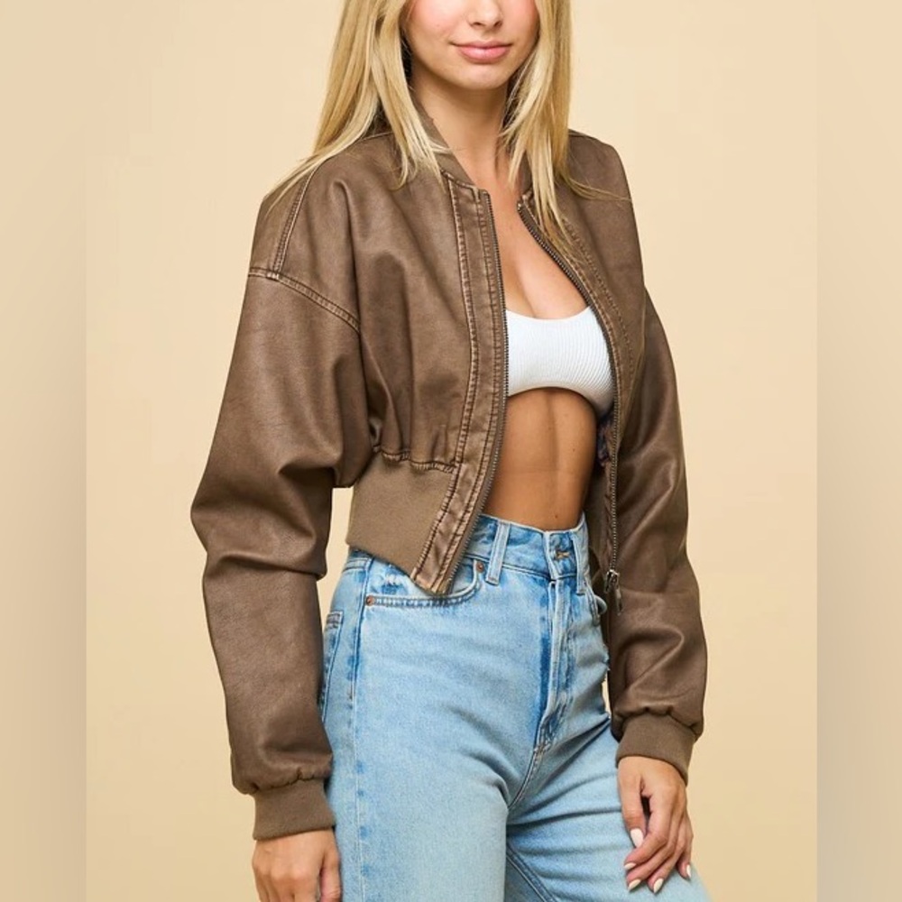 ANWND Cropped Faux Leather Bomber Jacket Women’s Size L Brown Zip Casual